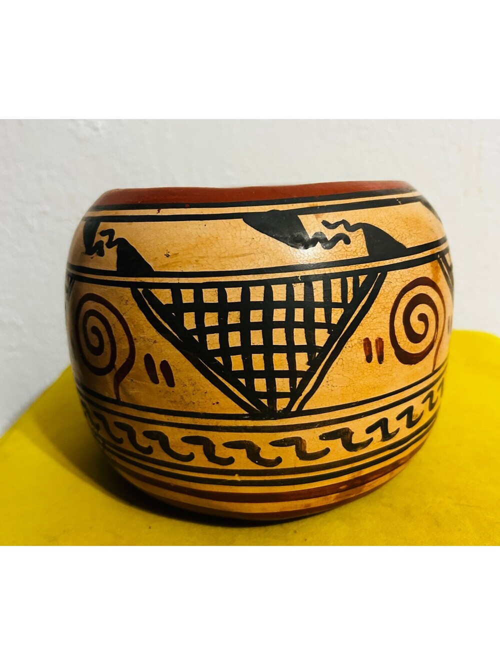 Vintage Hand Painted Terracotta Pottery Olla Pot Jar Geometric Carved Folk Art